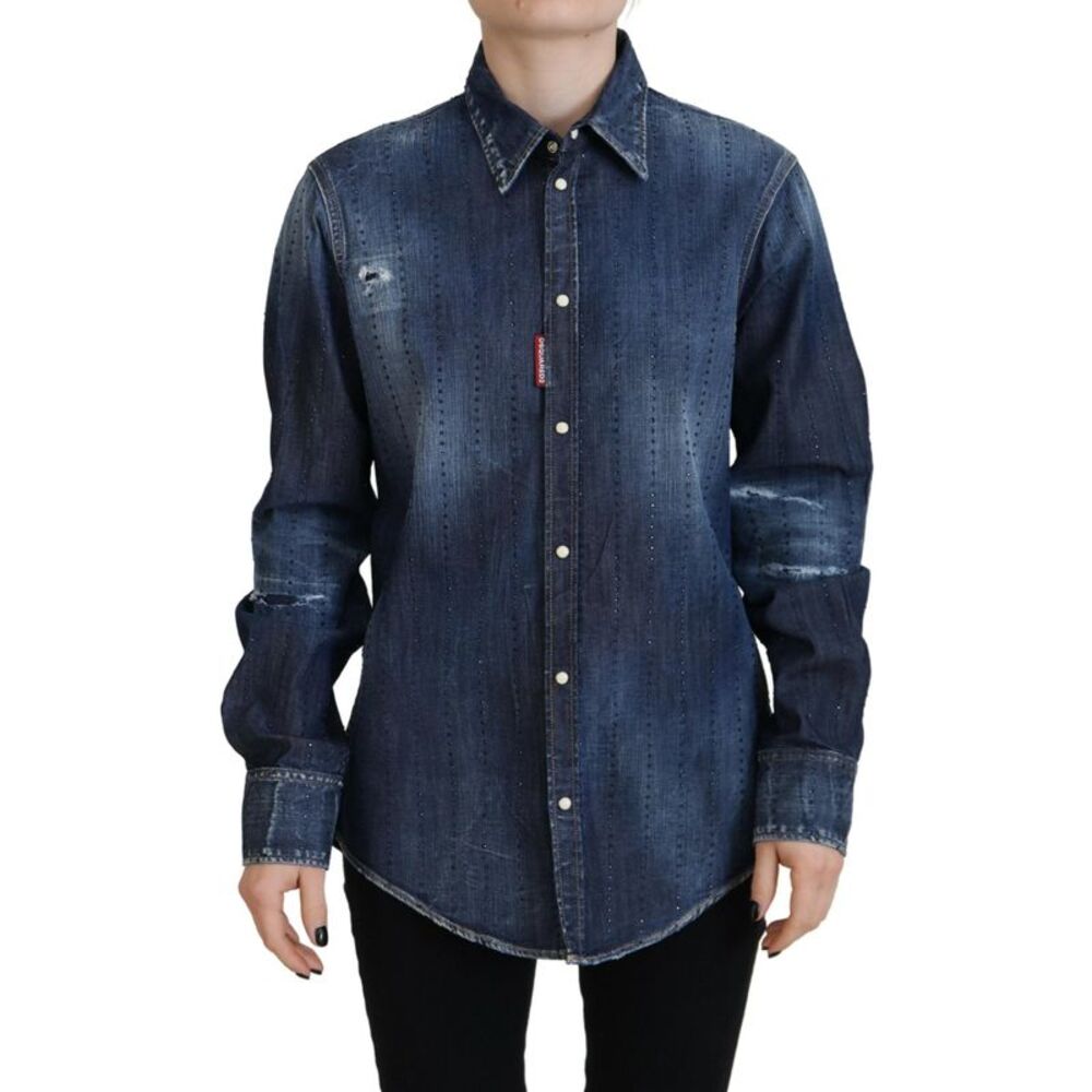 Dsquared² Blue Washed Cotton Button Down Collared Denim Women's Top